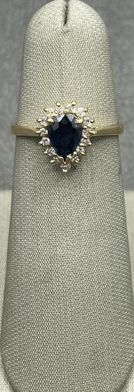 14K Yellow Gold Dark Blue Pear-Shaped Stone W/ Diamond Halo Ring (27369)